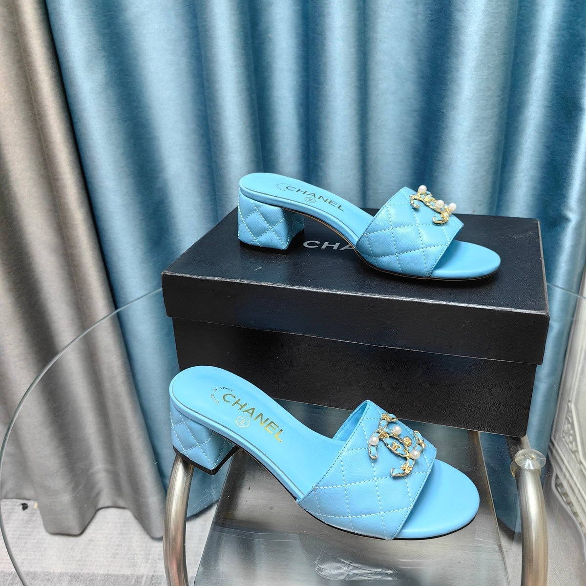 Chanel Mule Slide Sandal in Sky Blue Lambskin