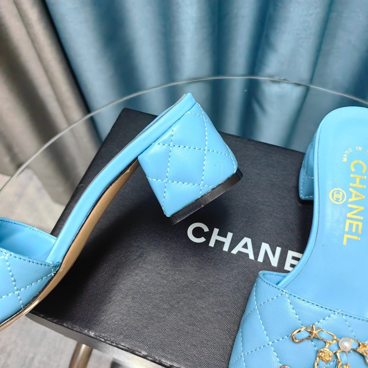 Chanel Mule Slide Sandal in Sky Blue Lambskin