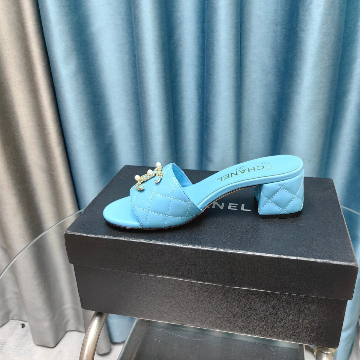 Chanel Mule Slide Sandal in Sky Blue Lambskin