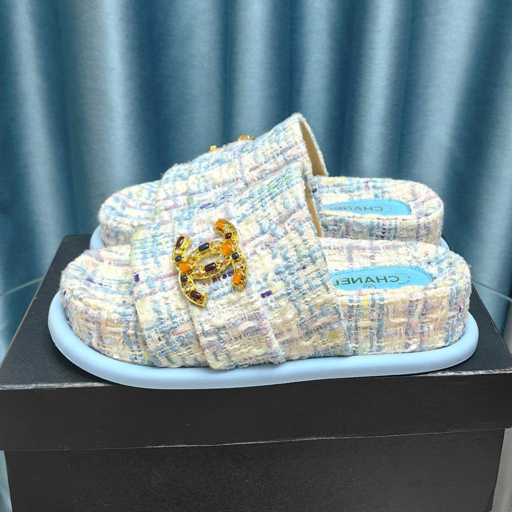 Chanel Platform Heels Sandals in Light Blue Tweed