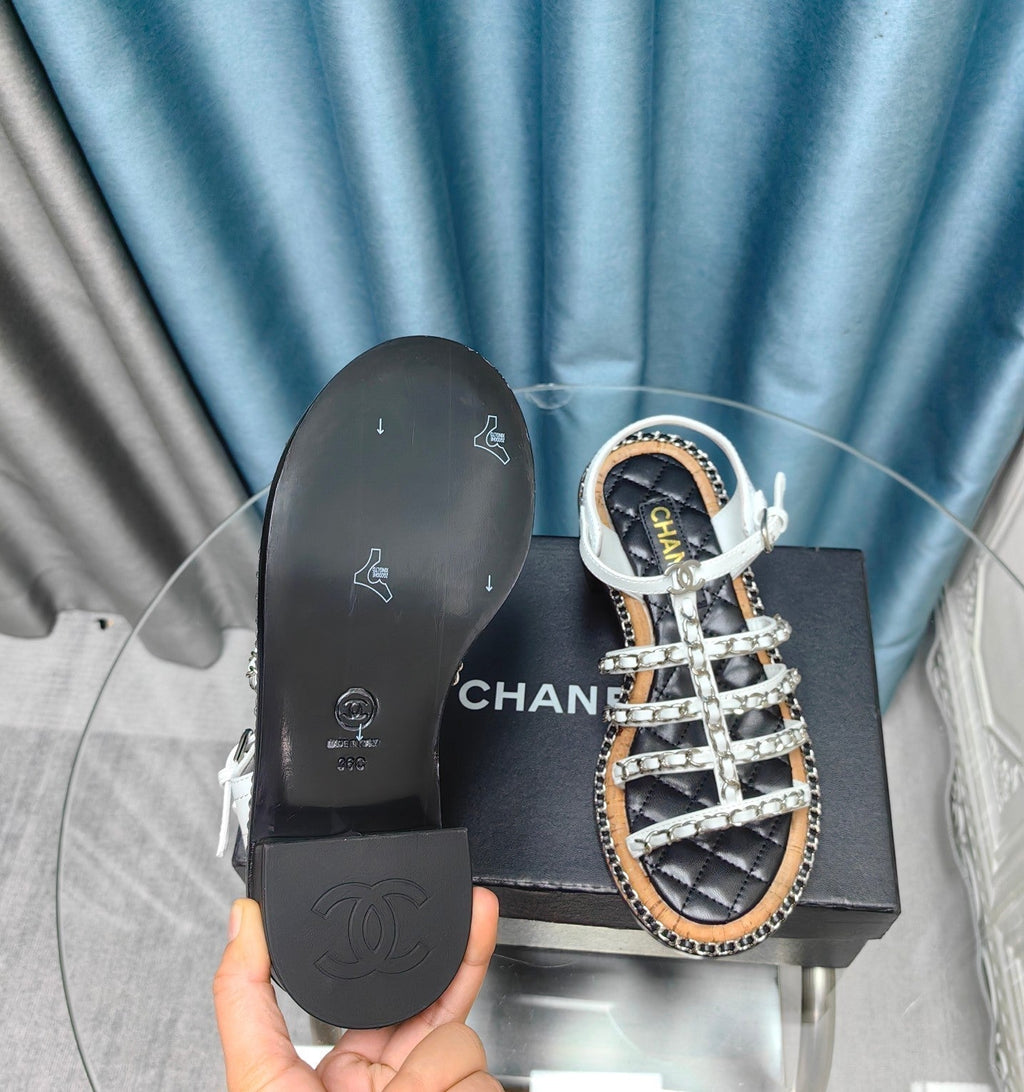 Chanel High Sandals with Three Straps in White Calfskin
