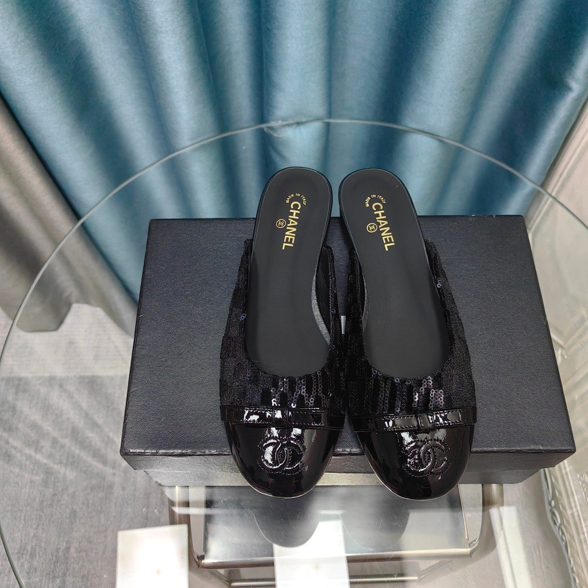 Chanel Mule in Black Satin and Lambskin