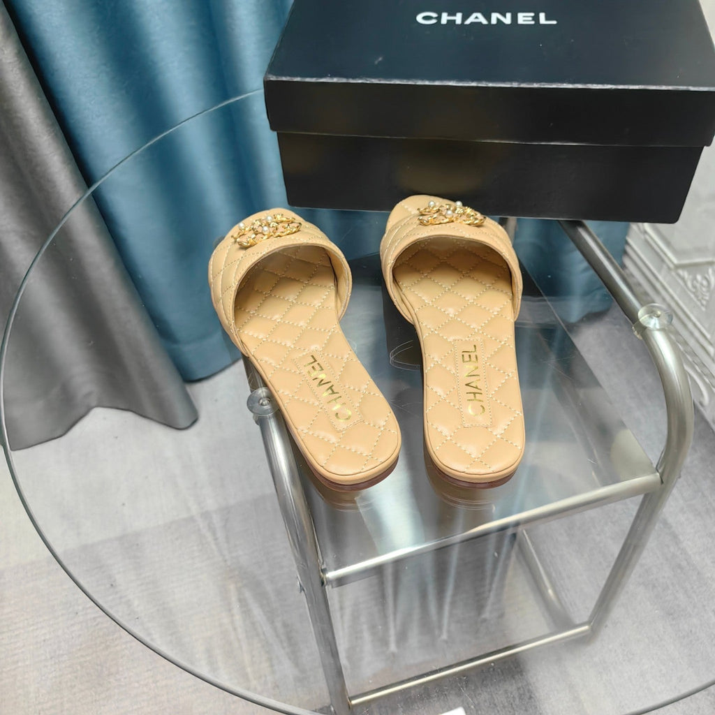 Chanel Quilted Slippers Beige Cream Sheepskin