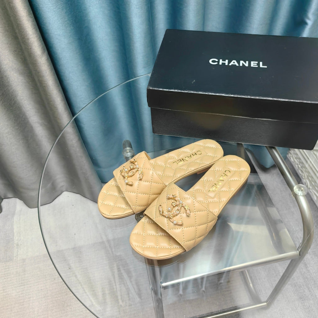 Chanel Quilted Slippers Beige Cream Sheepskin