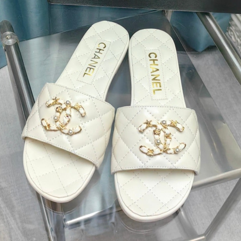 Chanel Quilted Slippers White Sheepskin