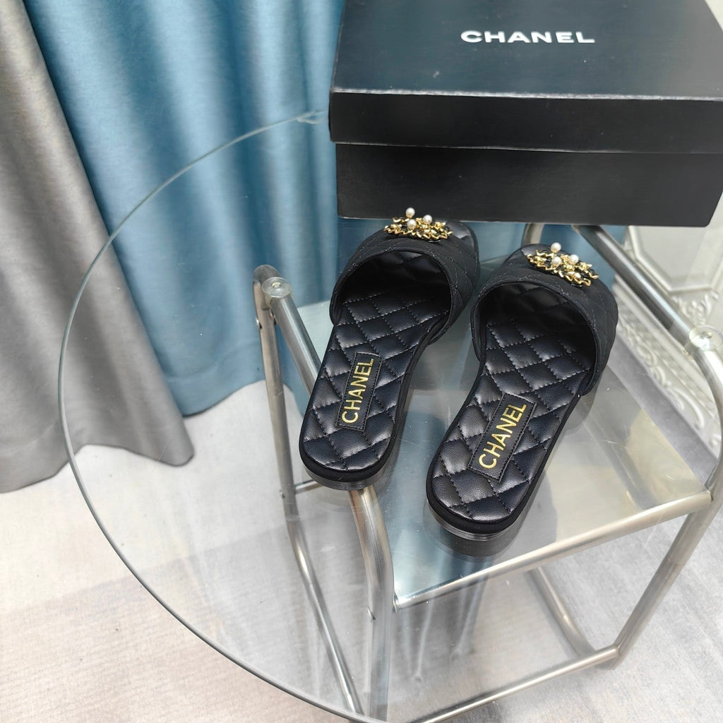 Chanel Quilted Slippers Black Suede and Sheepskin