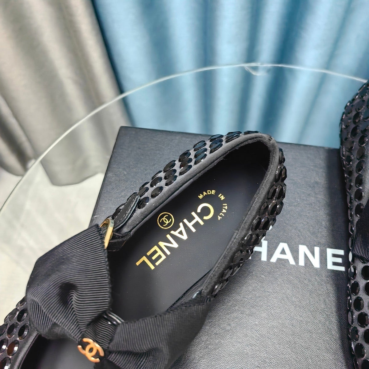 Chanel Mary Jane Bow Rhinestone Black Silk