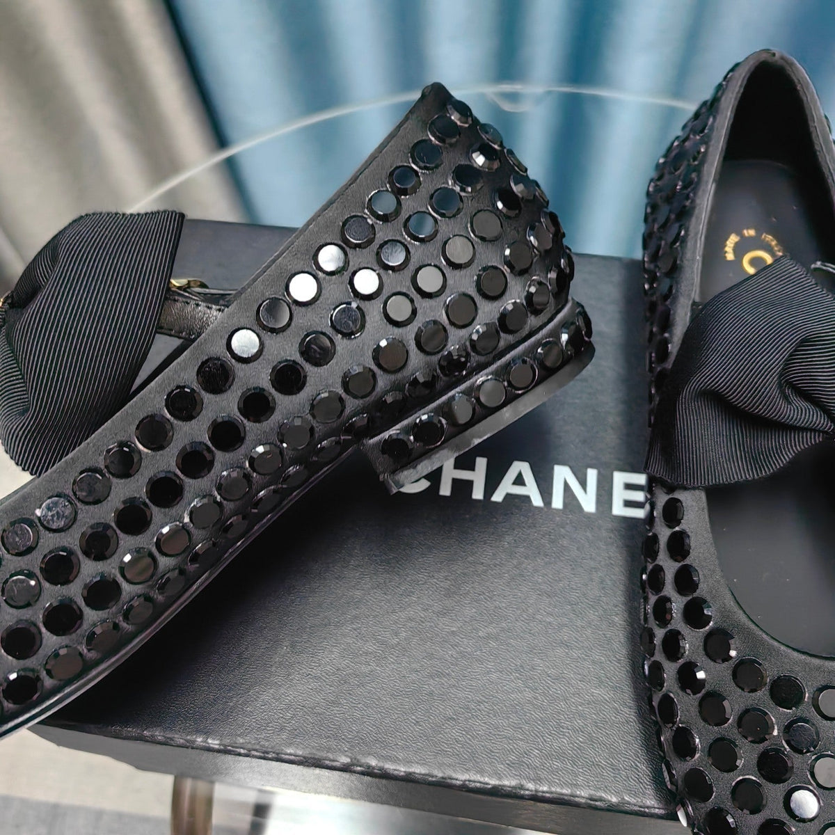 Chanel Mary Jane Bow Rhinestone Black Silk