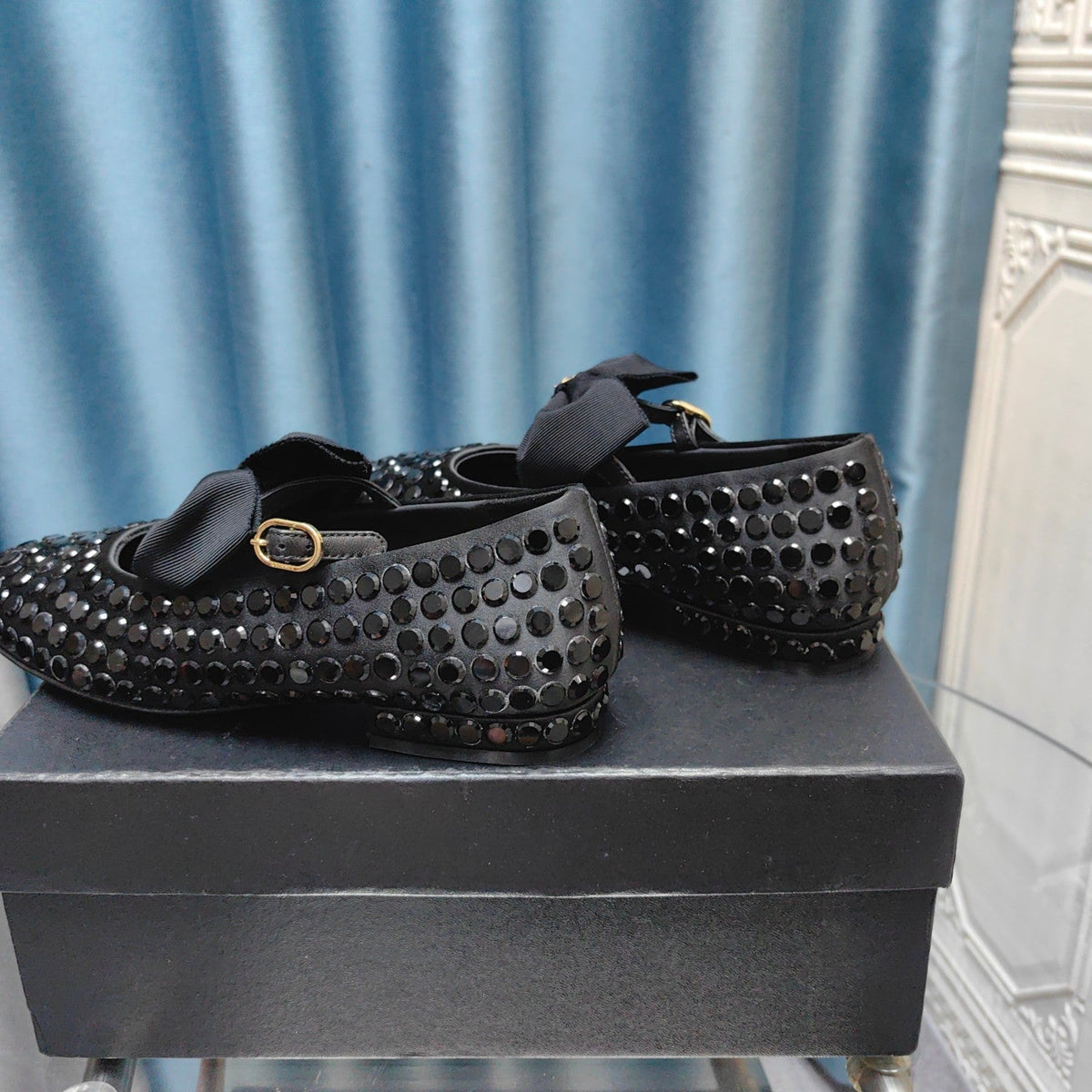 Chanel Mary Jane Bow Rhinestone Black Silk