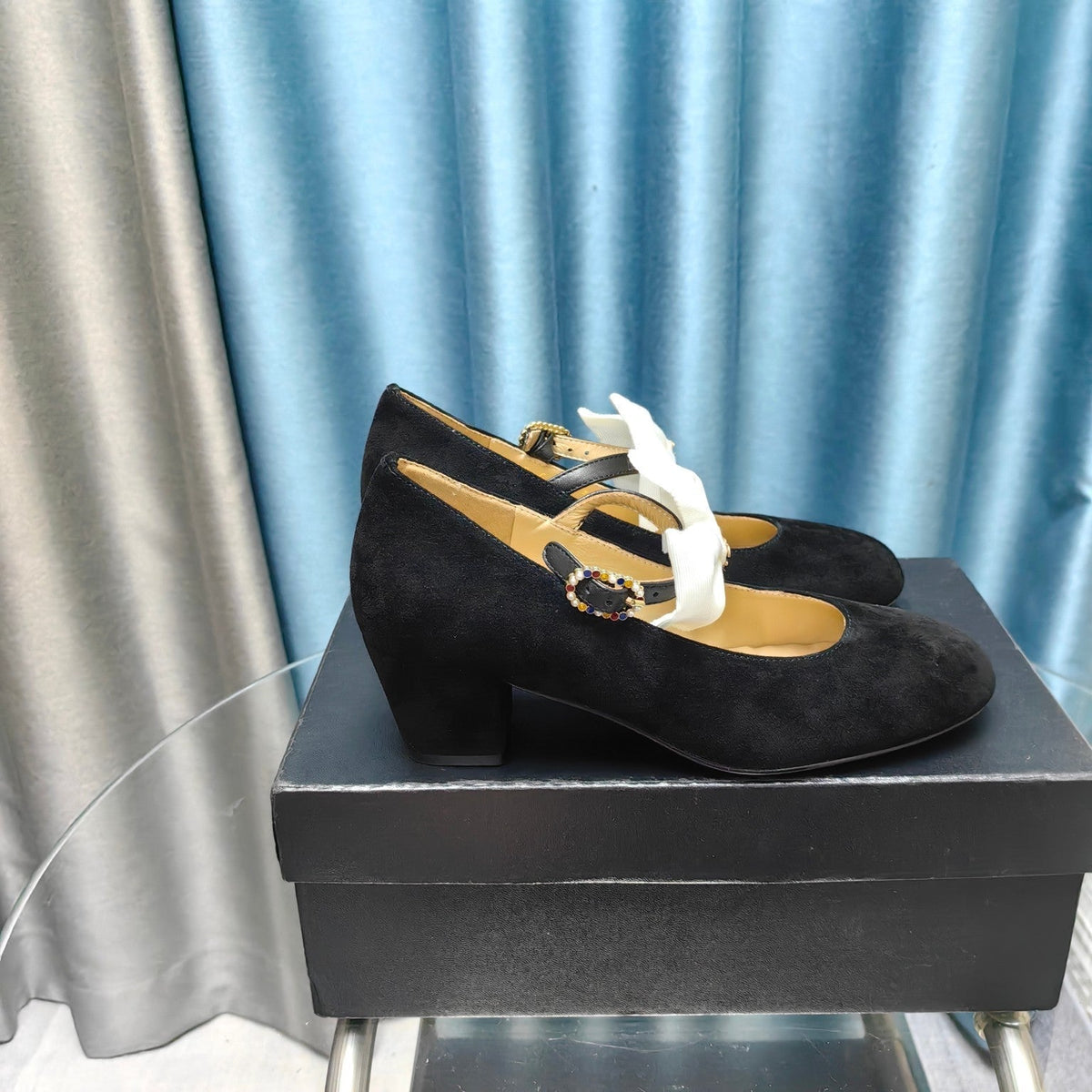 Chanel High Mary Jane Shoes Black Suede with White Bow
