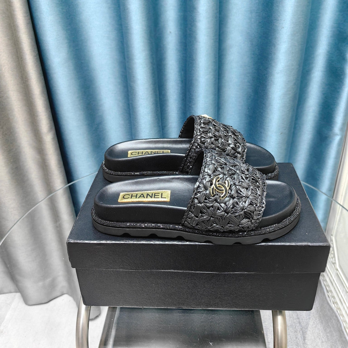 Chanel Knit Slippers in Black Woven Satin and Sheepskin