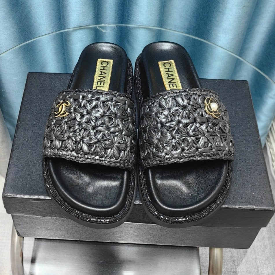 Chanel Knit Slippers in Black Woven Satin and Sheepskin