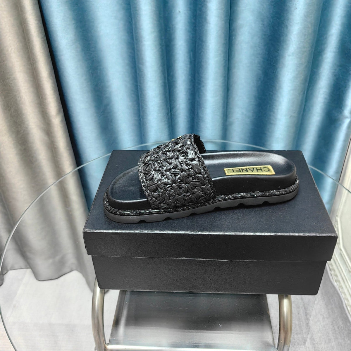 Chanel Knit Slippers in Black Woven Satin and Sheepskin