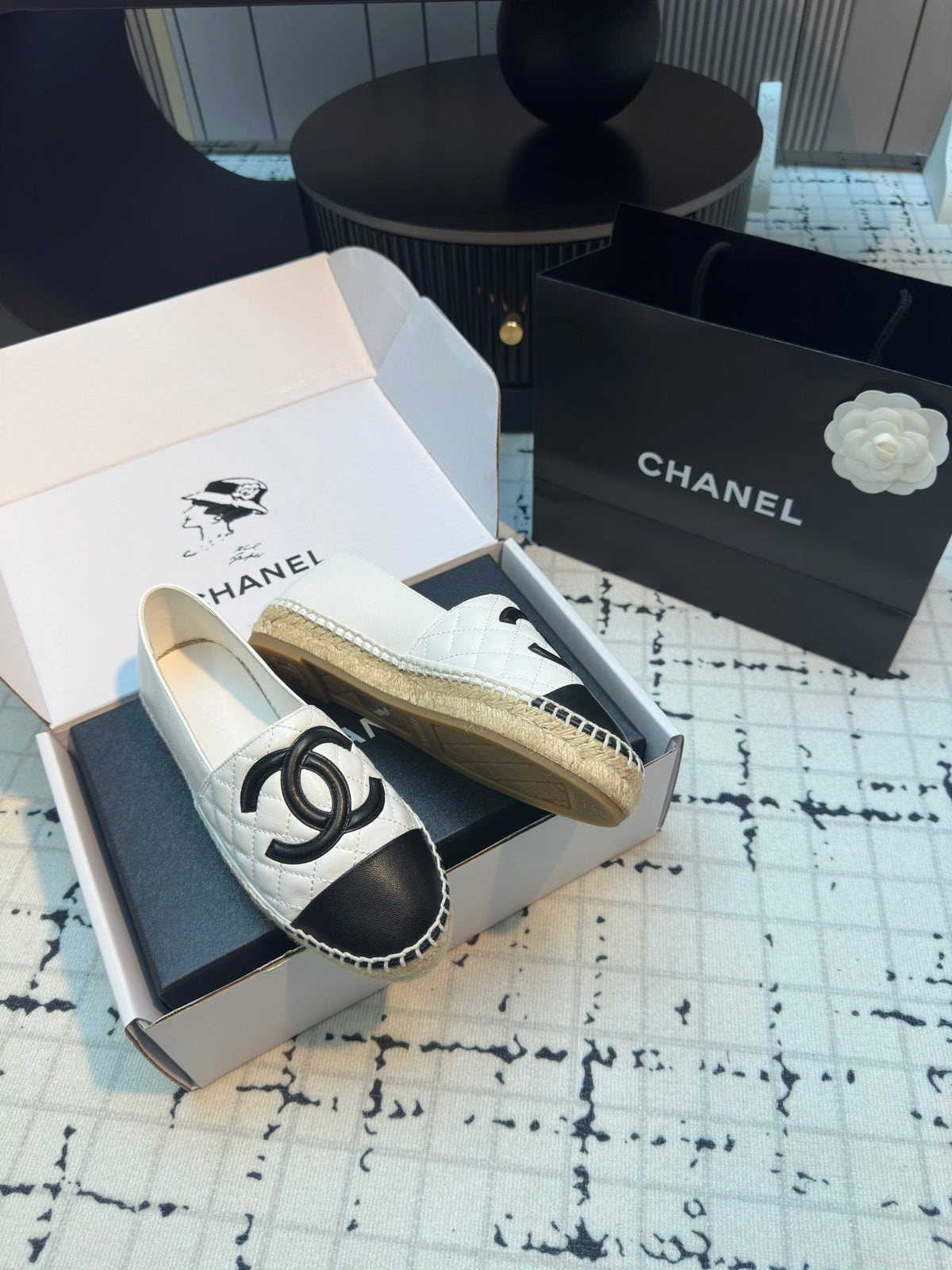 Chanel Espadrilles Loafers in White Lambskin with Black Logo