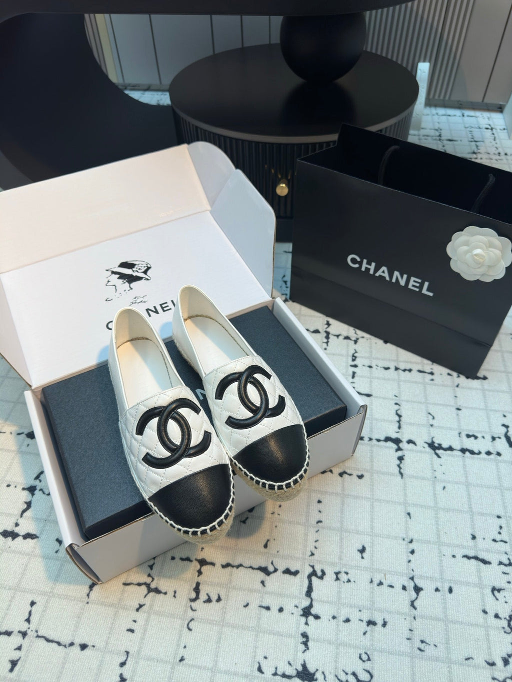 Chanel Espadrilles Loafers in White Lambskin with Black Logo