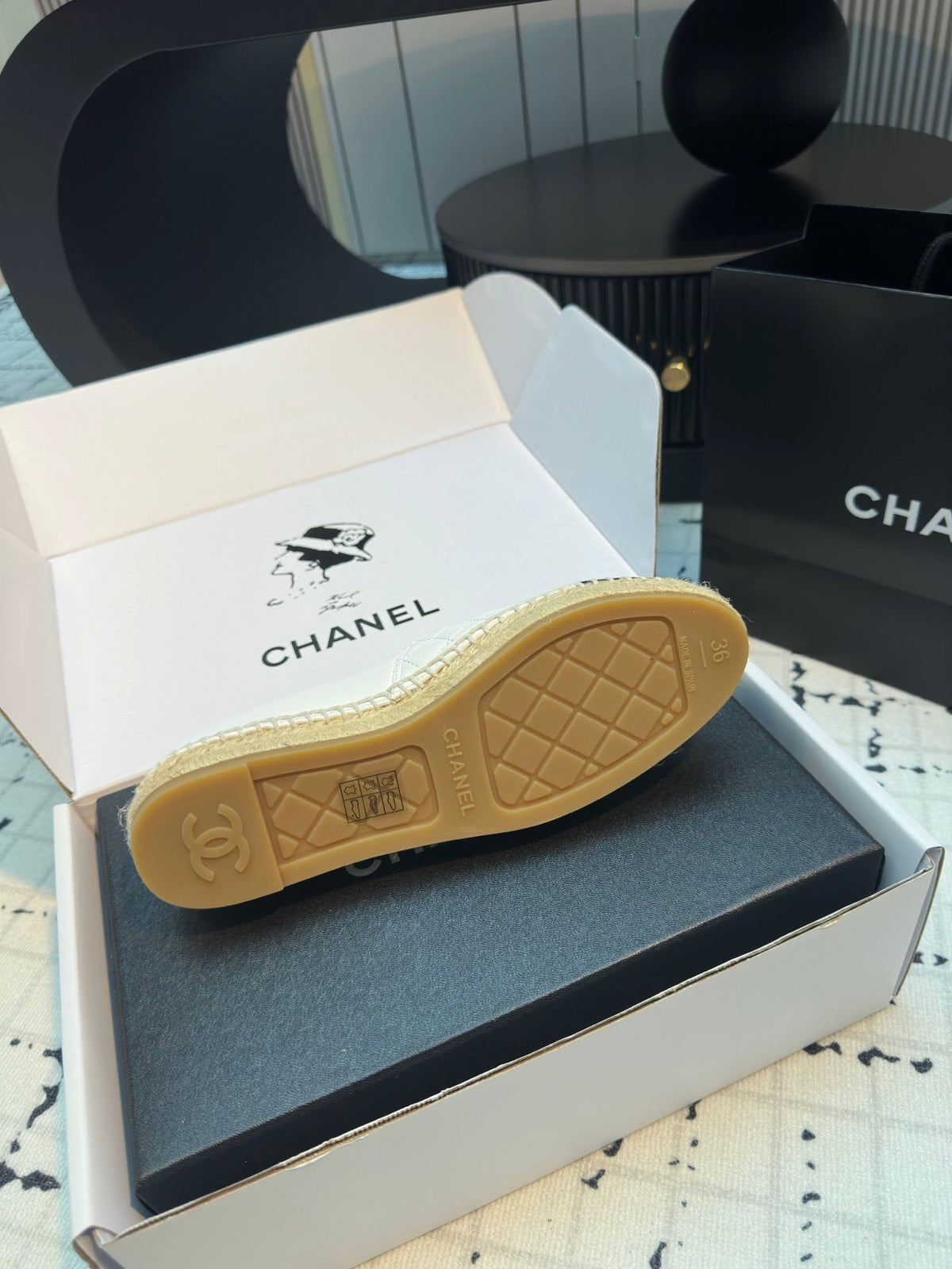 Chanel Espadrilles Loafers in White Lambskin with Black Logo