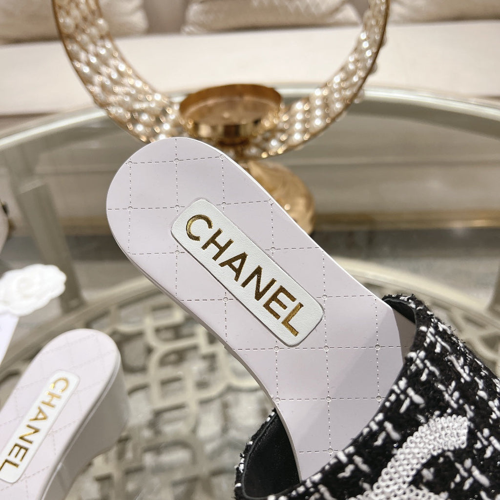Chanel Wedge Platform in Black Fabric with White Logo