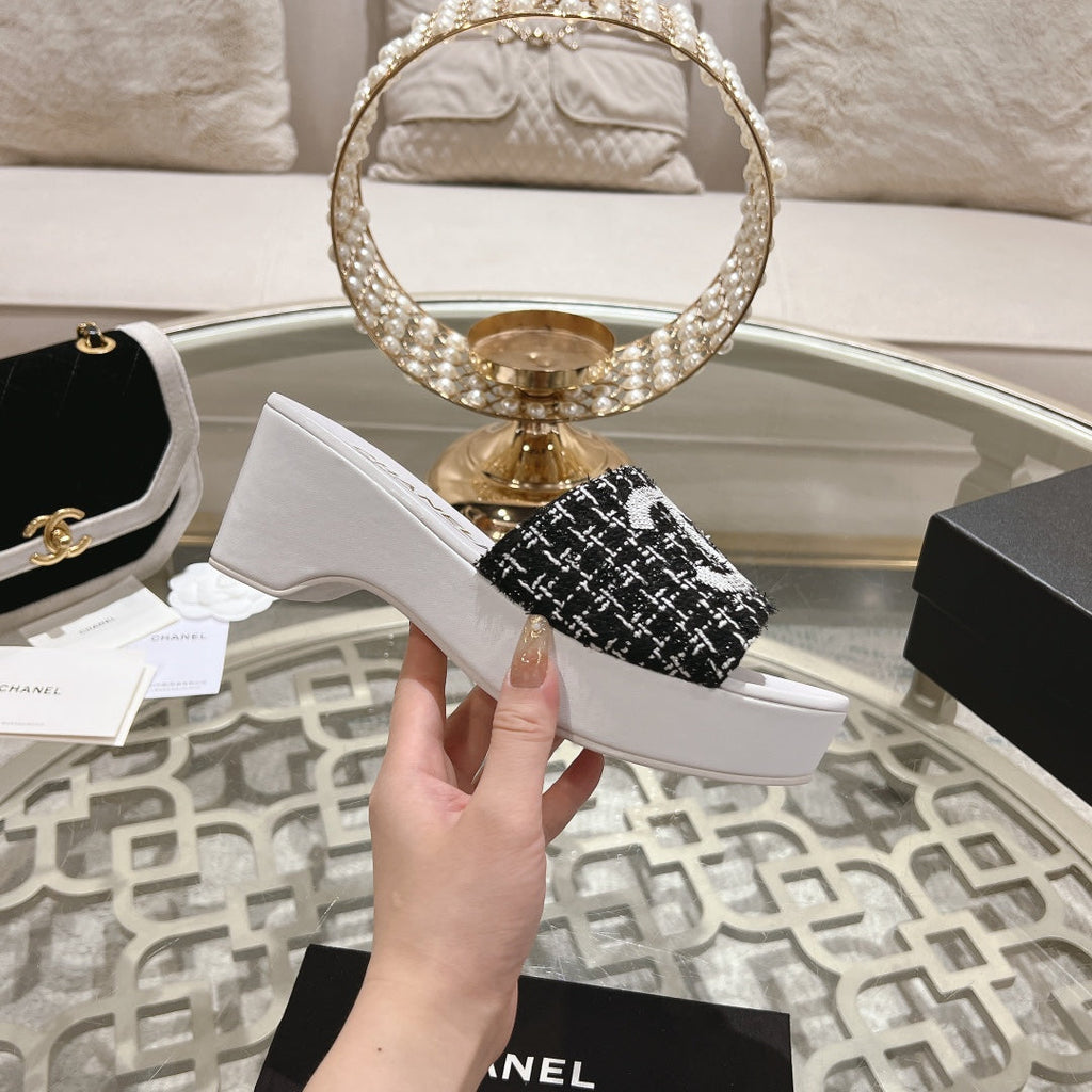 Chanel Wedge Platform in Black Fabric with White Logo