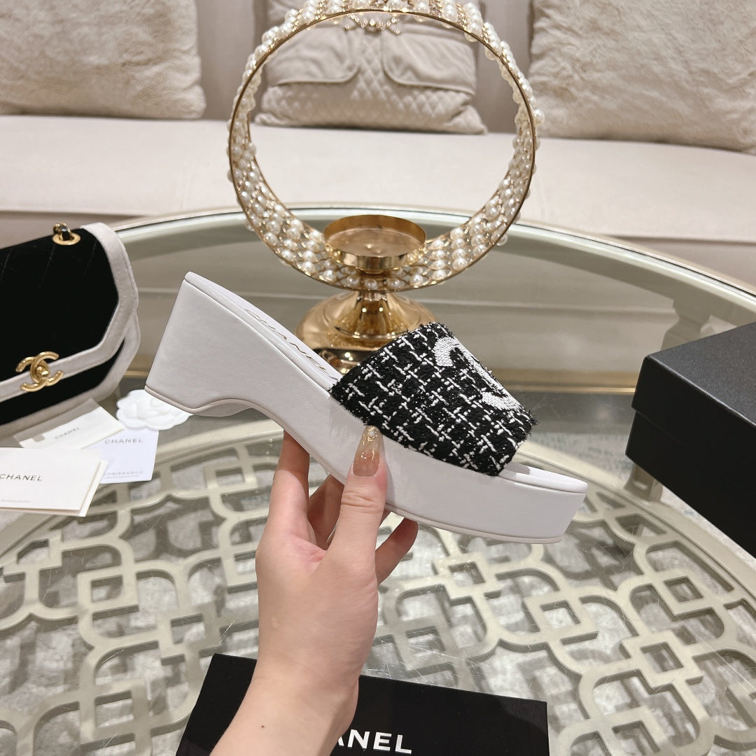 Chanel Wedge Platform in Black Fabric with White Logo