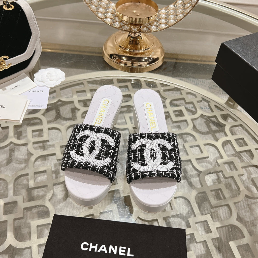 Chanel Wedge Platform in Black Fabric with White Logo