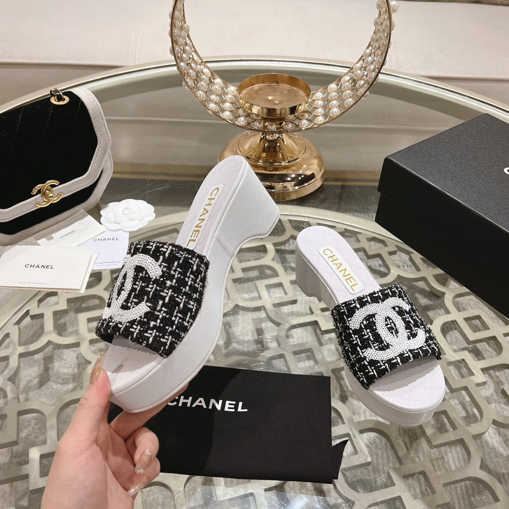Chanel Wedge Platform in Black Fabric with White Logo