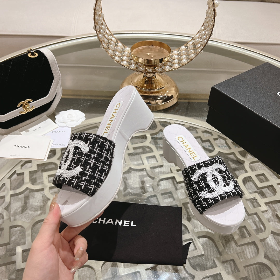 Chanel Wedge Platform in Black Fabric with White Logo