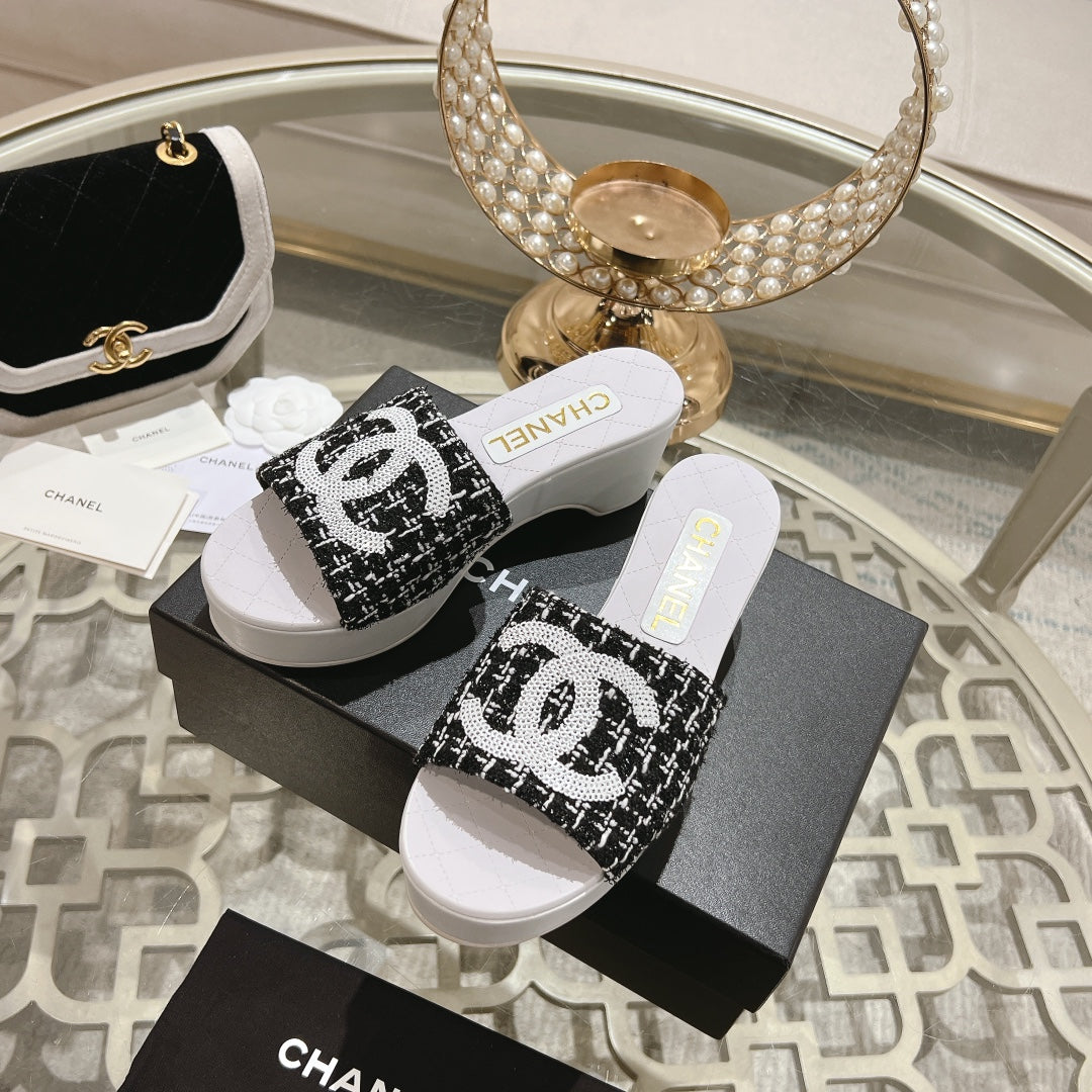 Chanel Wedge Platform in Black Fabric with White Logo