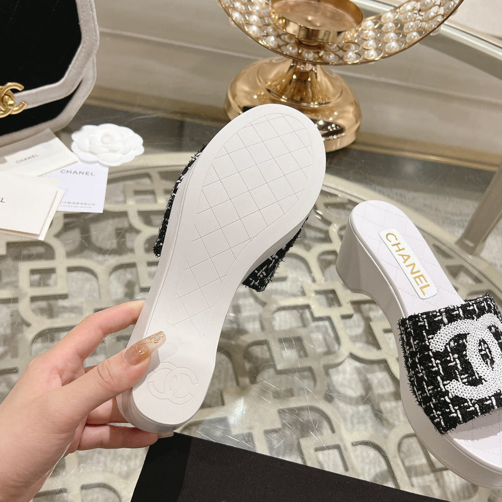 Chanel Wedge Platform in Black Fabric with White Logo