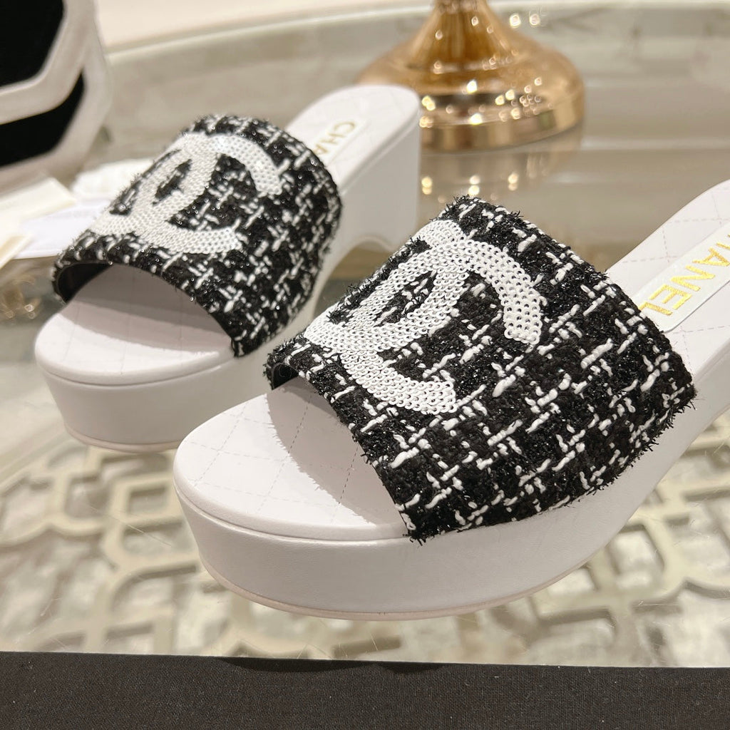 Chanel Wedge Platform in Black Fabric with White Logo