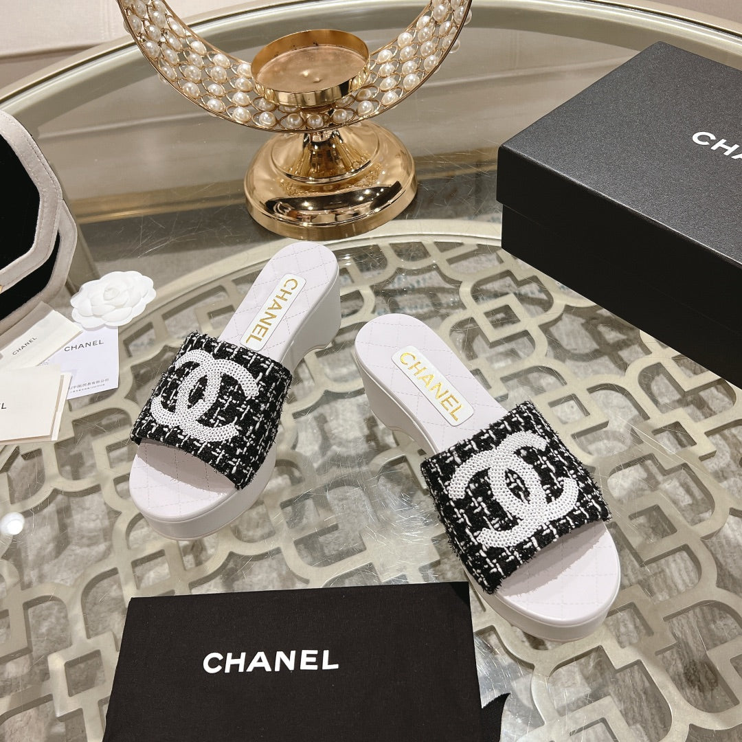 Chanel Wedge Platform in Black Fabric with White Logo