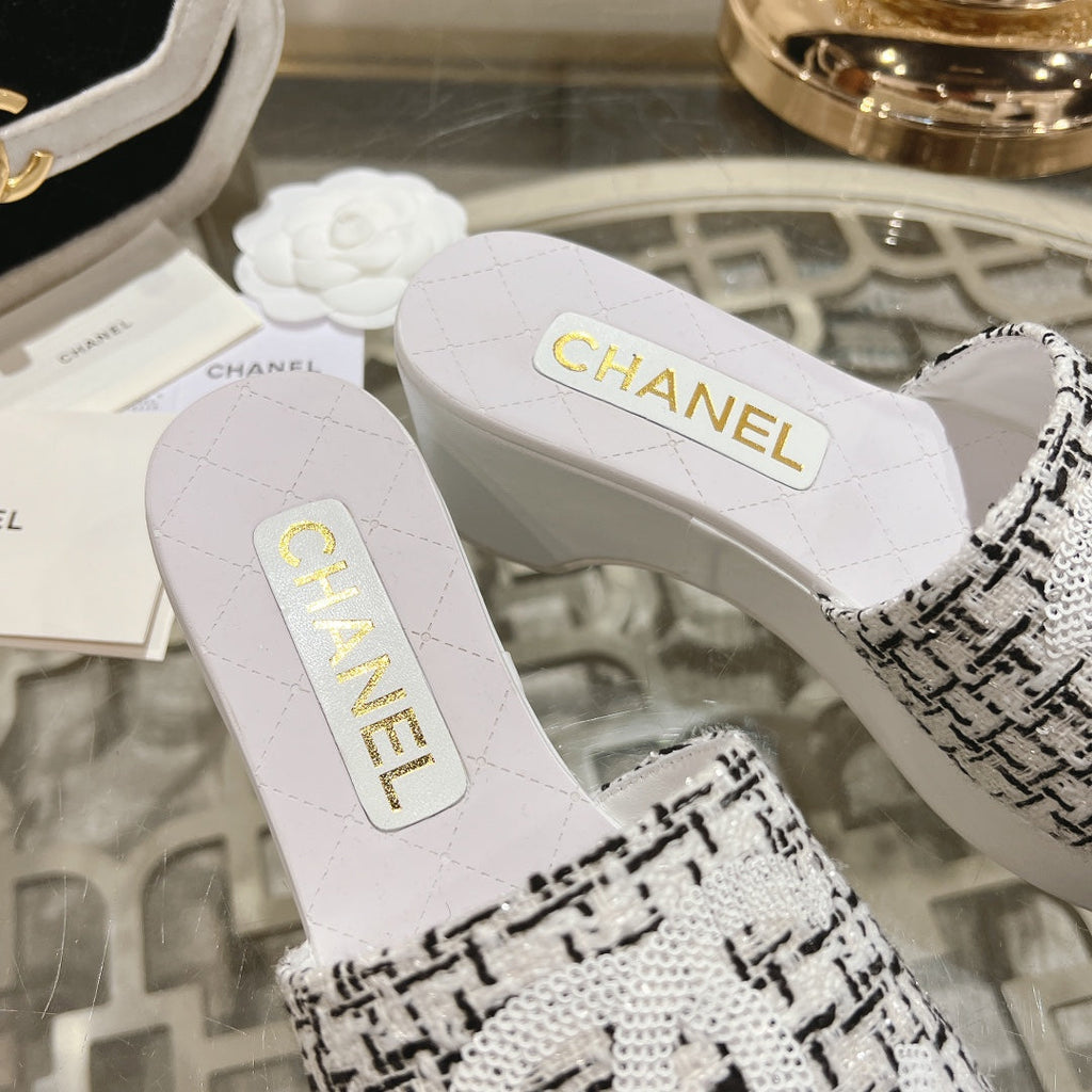 Chanel Wedge Platform in Black Mix White Fabric with Logo