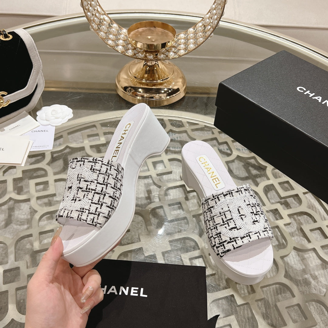 Chanel Wedge Platform in Black Mix White Fabric with Logo