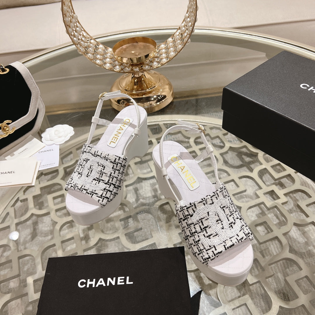 Chanel Wedge Sandals in Black Mix White Fabric with Logo