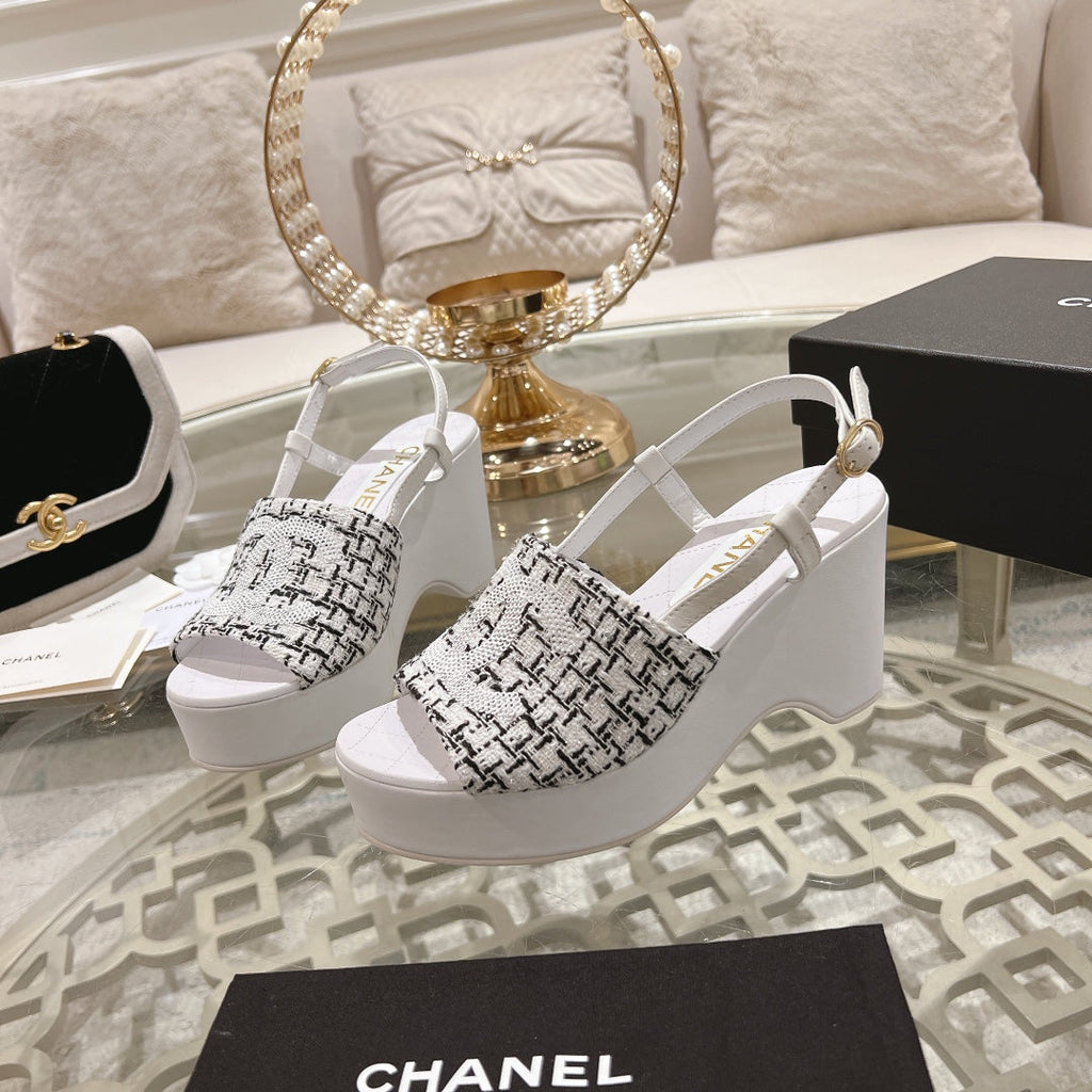Chanel Wedge Sandals in Black Mix White Fabric with Logo
