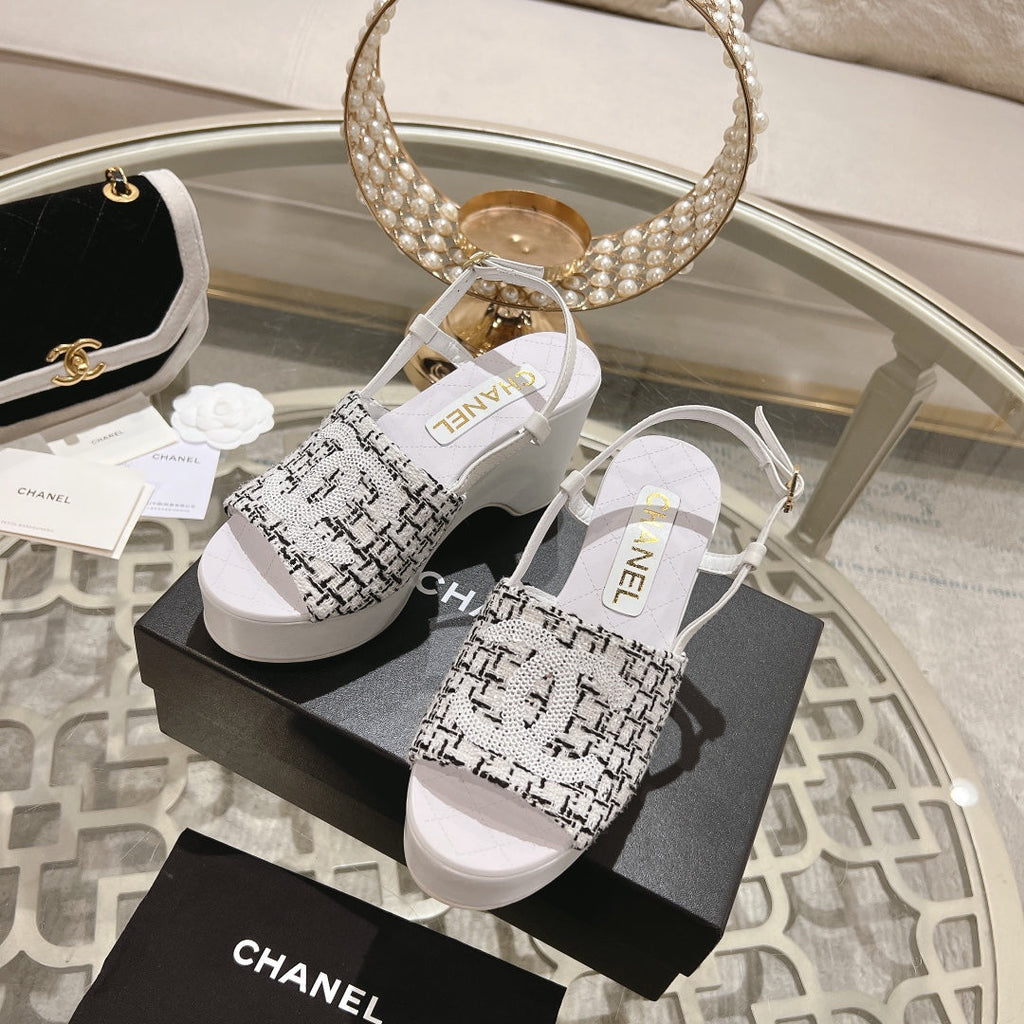 Chanel Wedge Sandals in Black Mix White Fabric with Logo