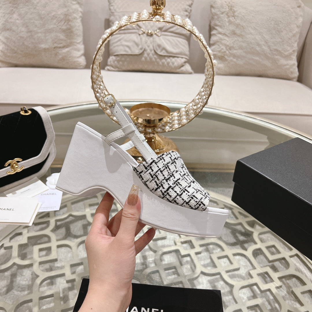 Chanel Wedge Sandals in Black Mix White Fabric with Logo