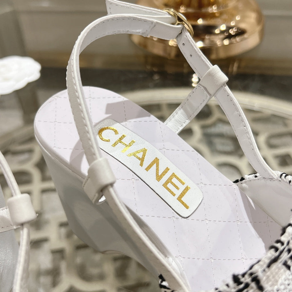 Chanel Wedge Sandals in Black Mix White Fabric with Logo