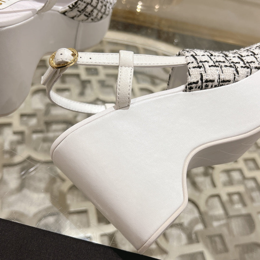 Chanel Wedge Sandals in Black Mix White Fabric with Logo