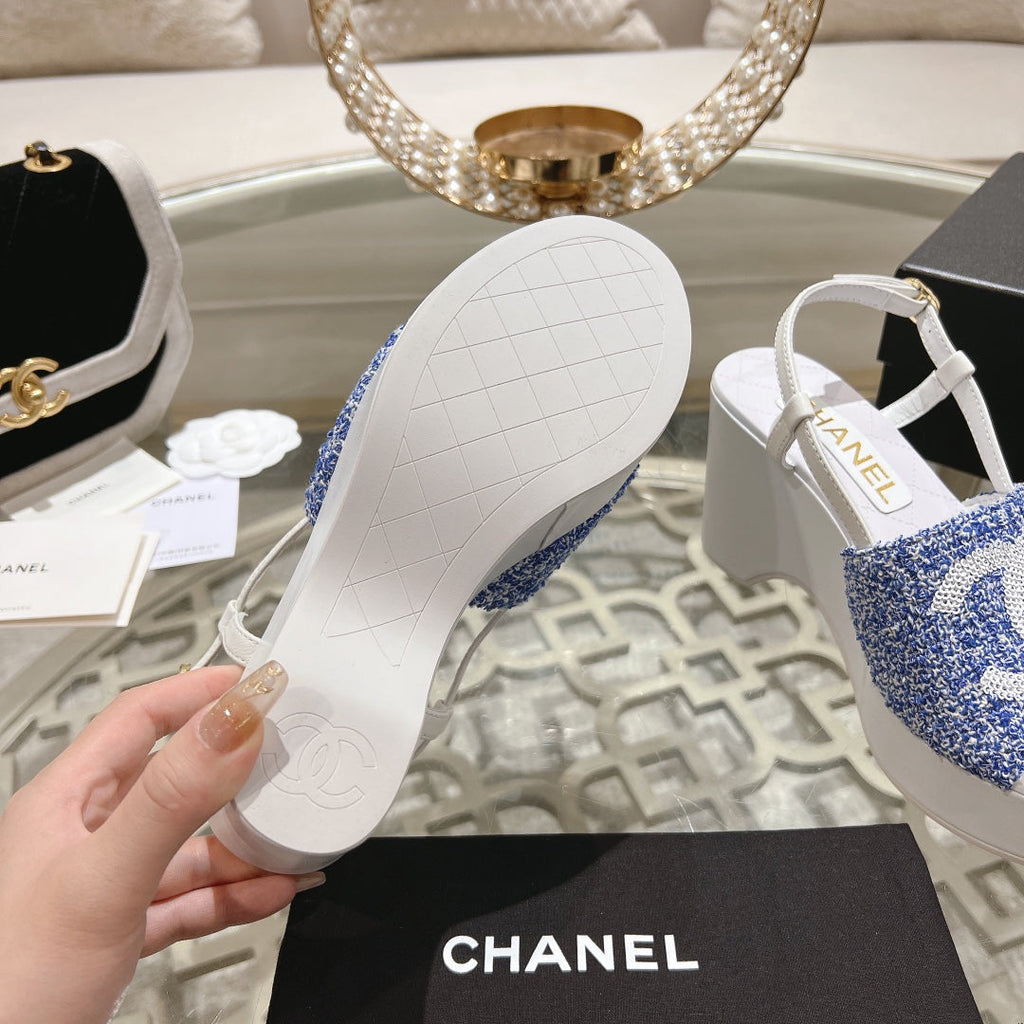 Chanel Wedge Sandals in Sapphire Blue Fabric with White Logo