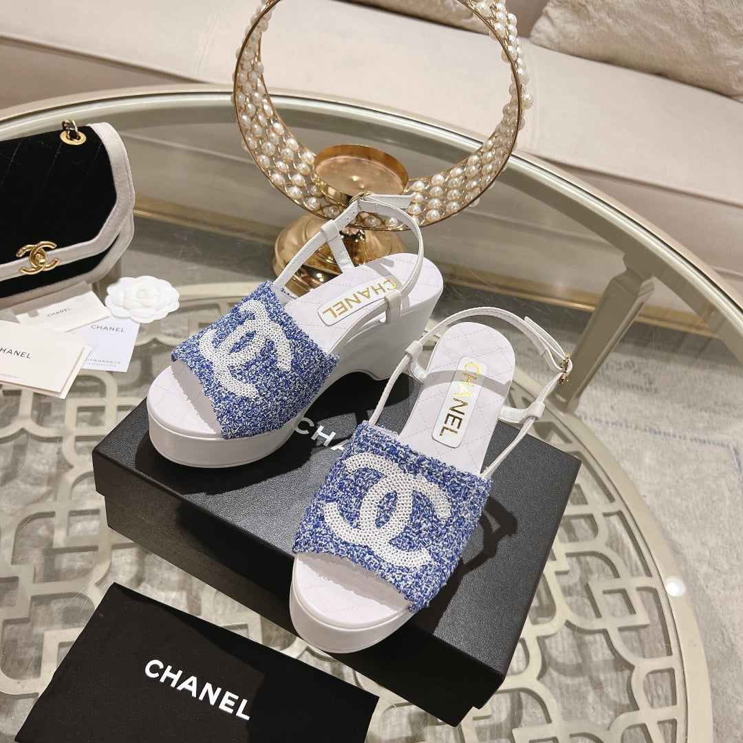 Chanel Wedge Sandals in Sapphire Blue Fabric with White Logo