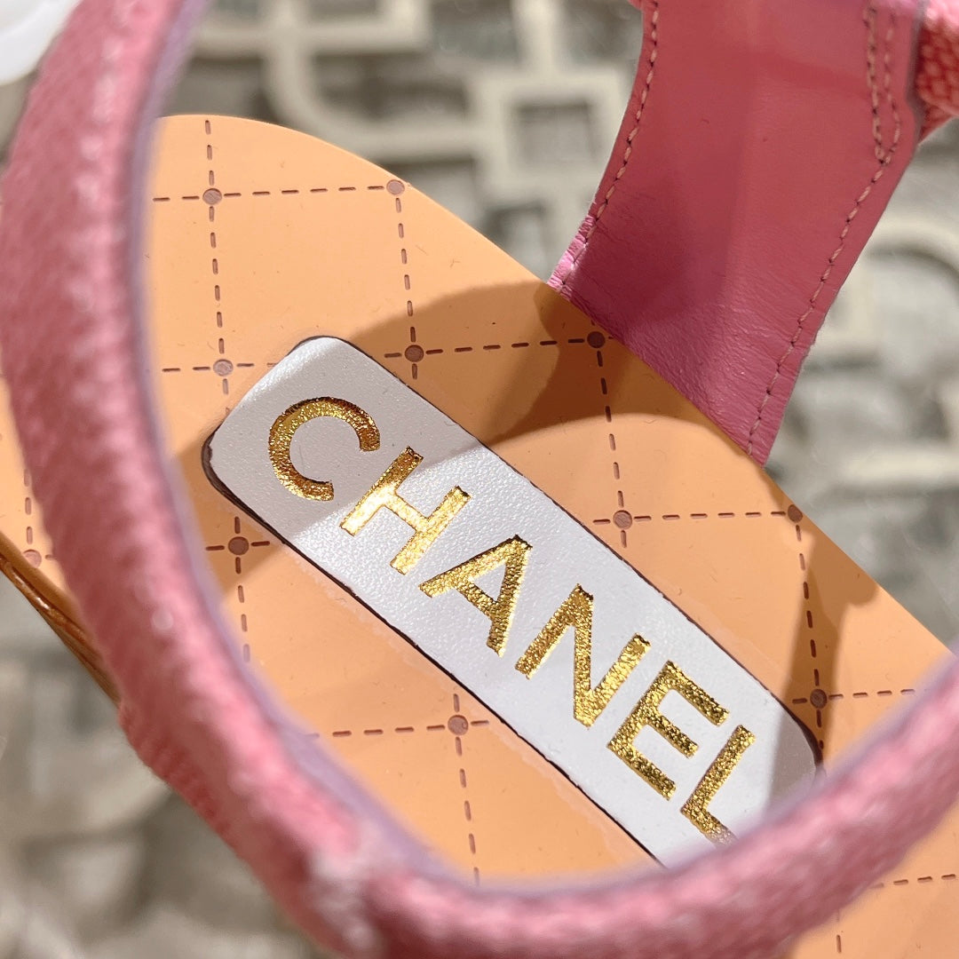 Chanel Wedge Sandals in Light Pink Lambskin with Logo