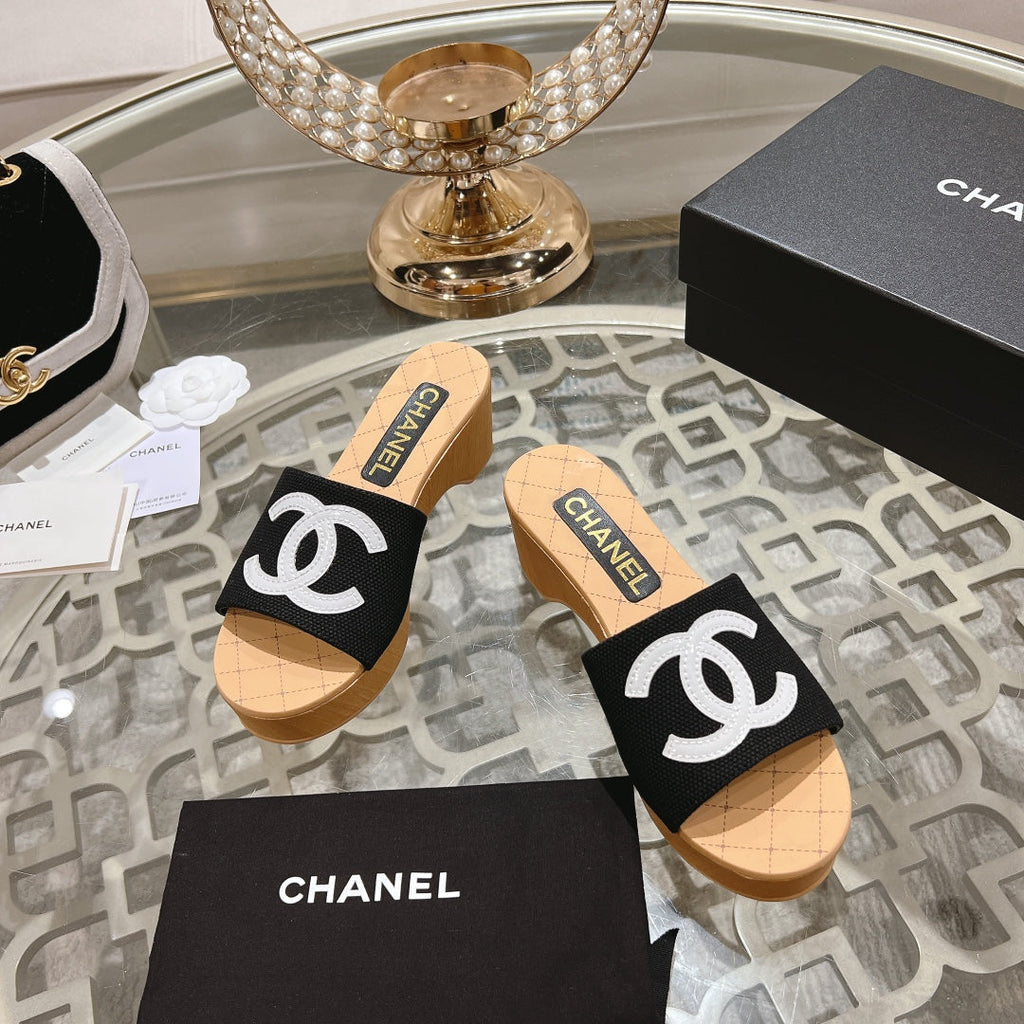 Chanel Wedge Platform in Black Lambskin with White Logo