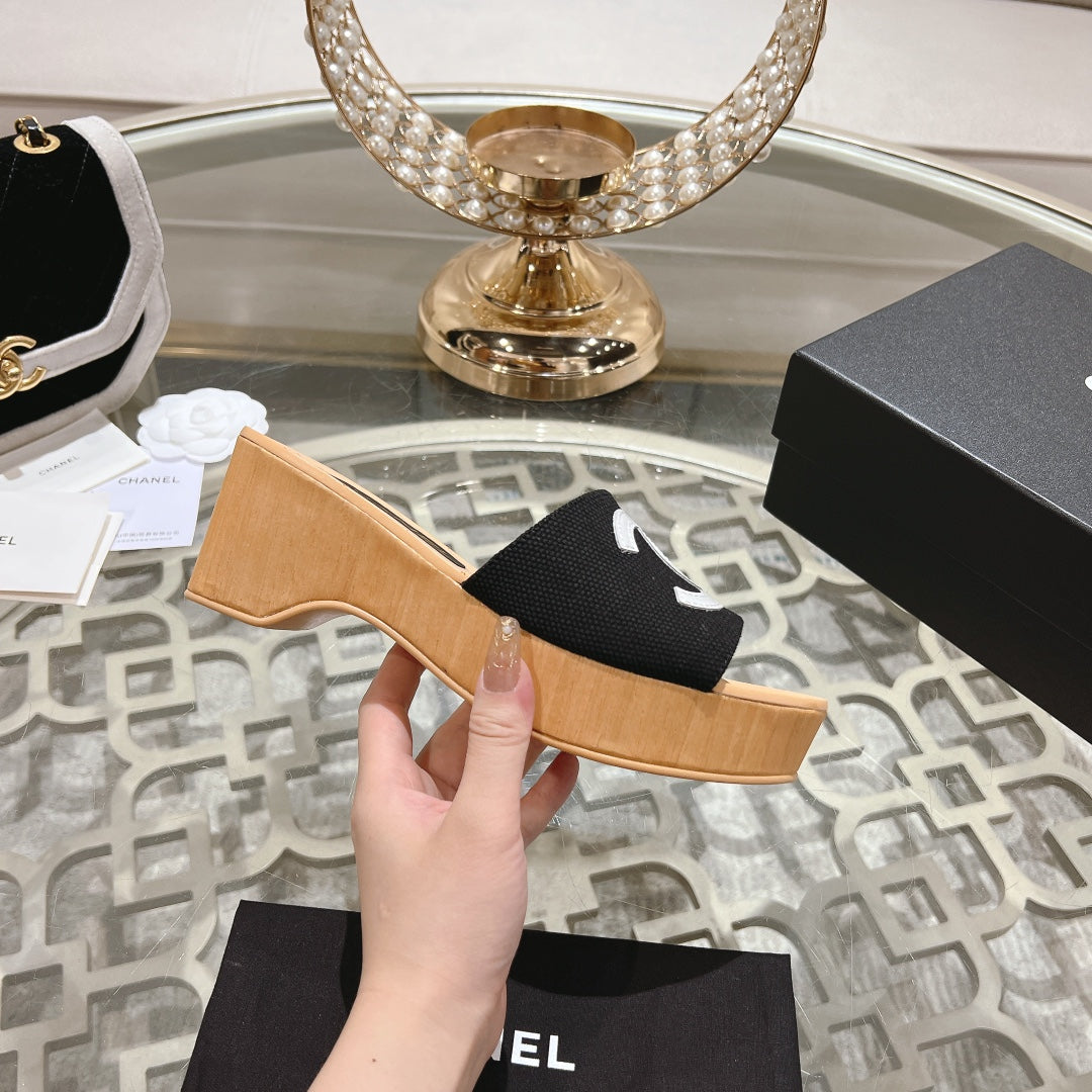 Chanel Wedge Platform in Black Lambskin with White Logo