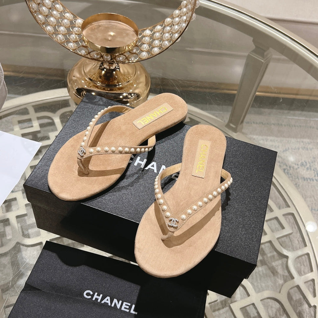 Chanel Pearl Thong Sandal in Sepia Tan Suede