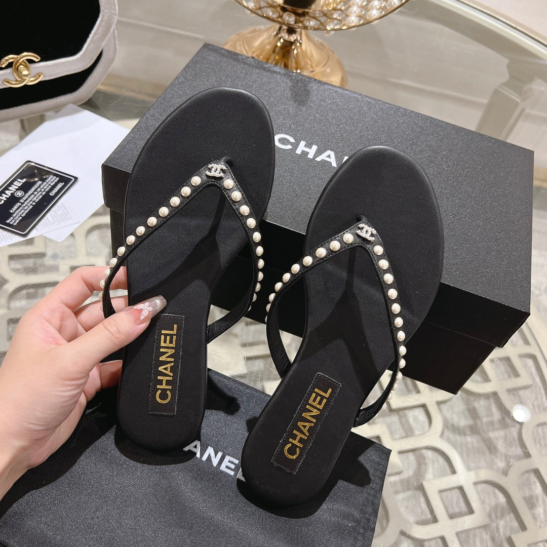 Chanel Pearl Thong Sandal in Black Lambskin