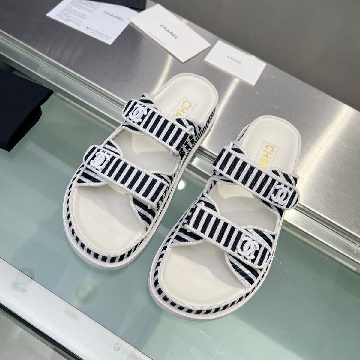 Chanel Women's Stripes Casual Flat Sandals Black White
