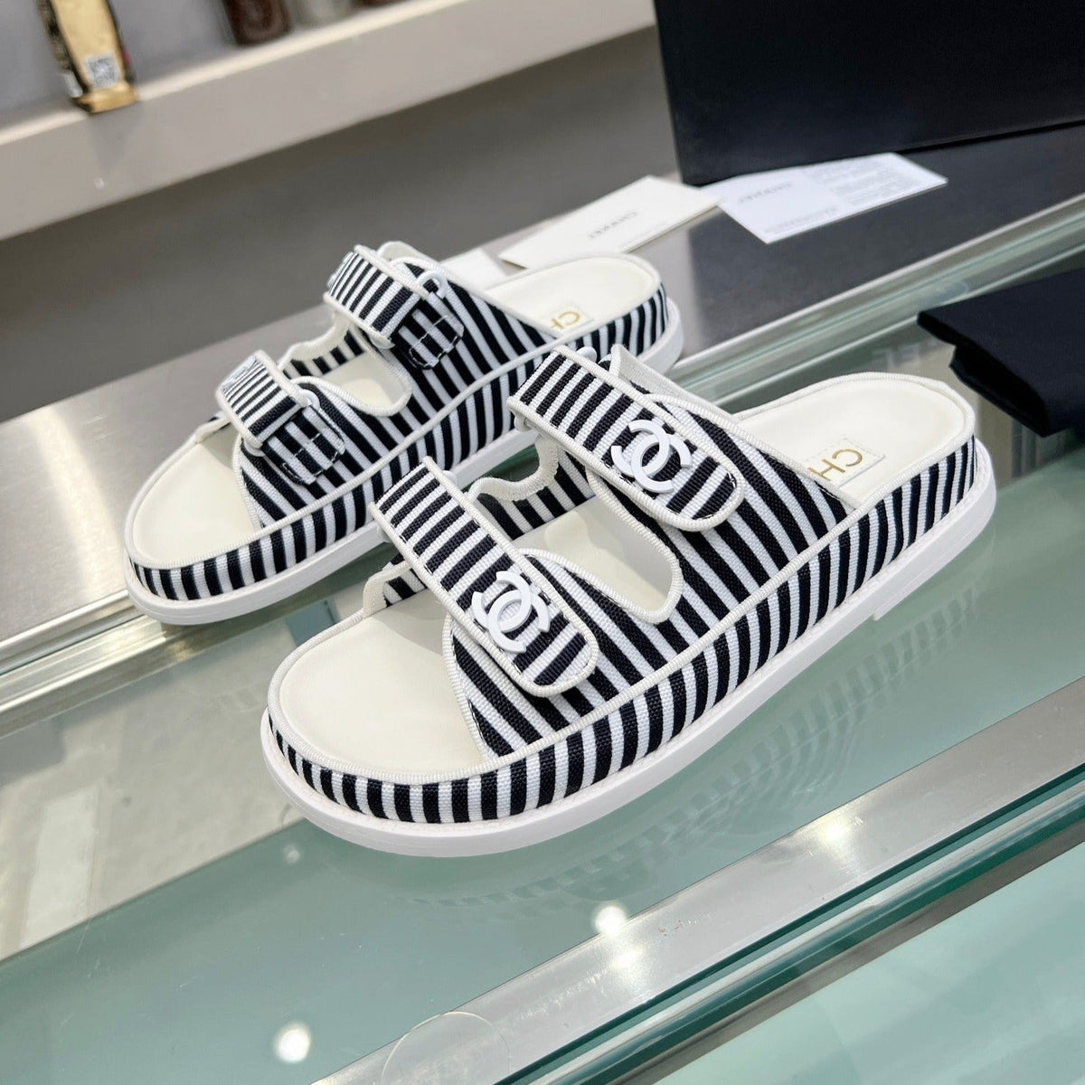 Chanel Women's Stripes Casual Flat Sandals Black White