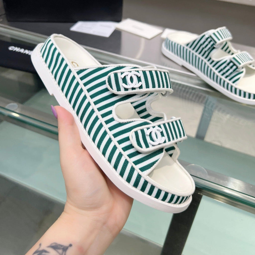 Chanel Stripes Casual Flat Sandals Jade Green White