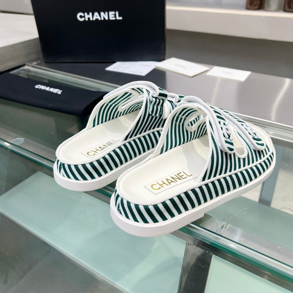 Chanel Stripes Casual Flat Sandals Jade Green White