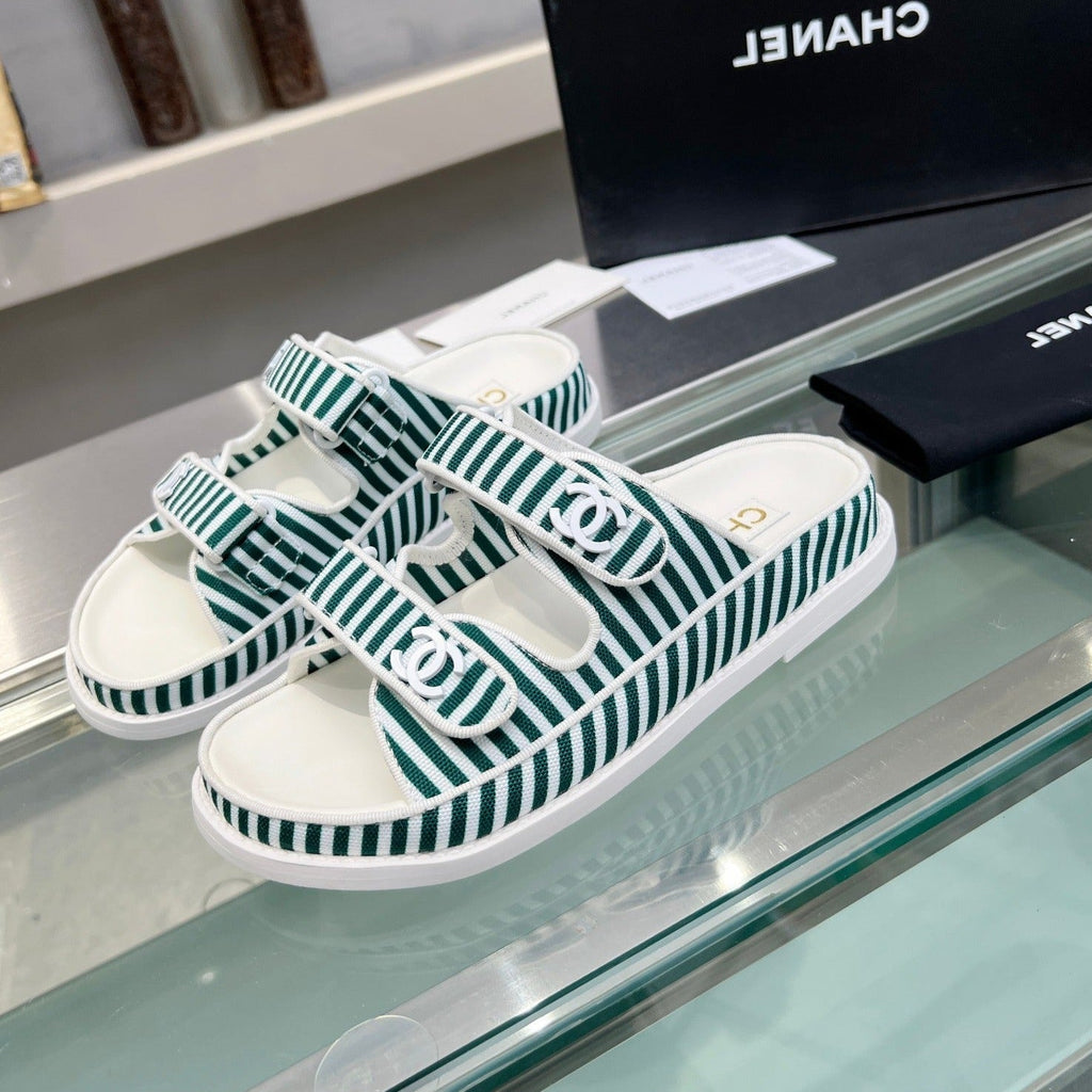 Chanel Stripes Casual Flat Sandals Jade Green White